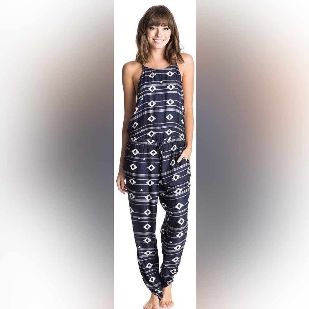 Roxy Ikat Dakota Jumpsuit in Navy & White w Grey Stripes
